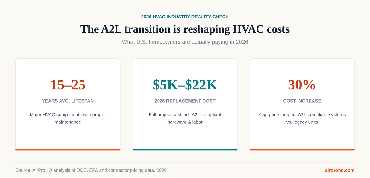 Infographic showing 2026 HVAC industry stats: 15-25 year average lifespan, $5K-$22K replacement cost, and 30% cost increase from the A2L refrigerant transition